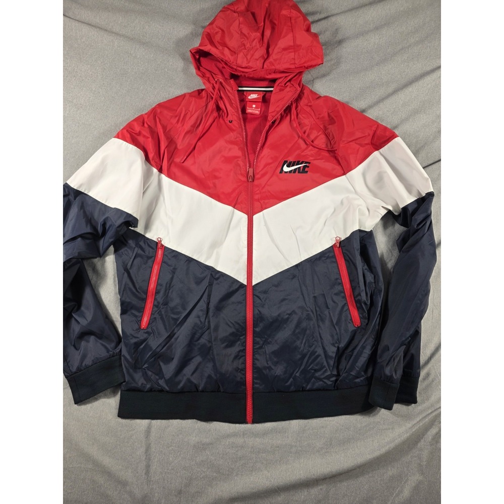 Nike Mens Large Sportswear Windrunner Hooded Jacket Color Block Red, White, Blue